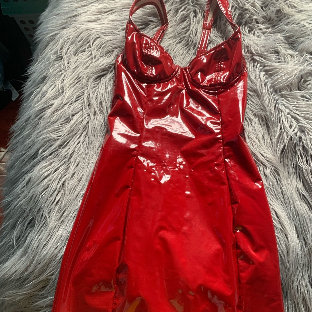 Red vinyl mini dress